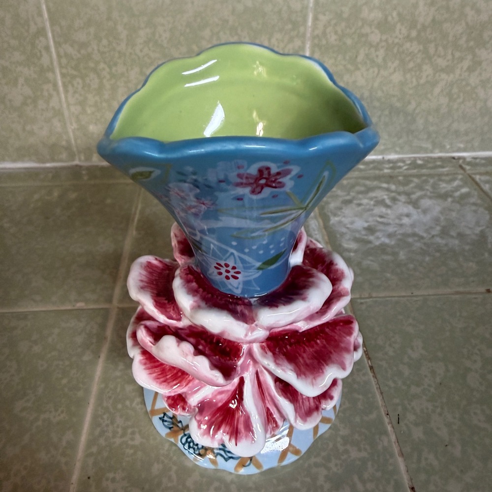 Tracy Porter Hand Painted Ceramic Flower Bud‎ Vase Blue Pink Floral Cottagecore